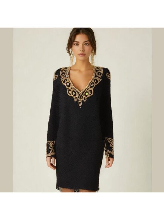 Vintage Dresses & Skirts - vintage long sleeve heavily beaded black and gold silk dress 70s 80s Morigana